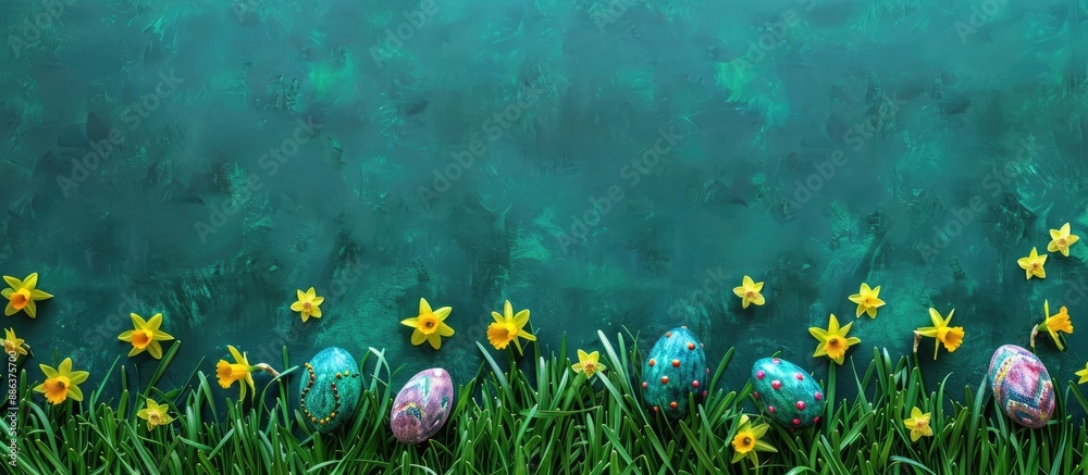 Poster green grass with daffodils and vibrant easter eggs copy space image available