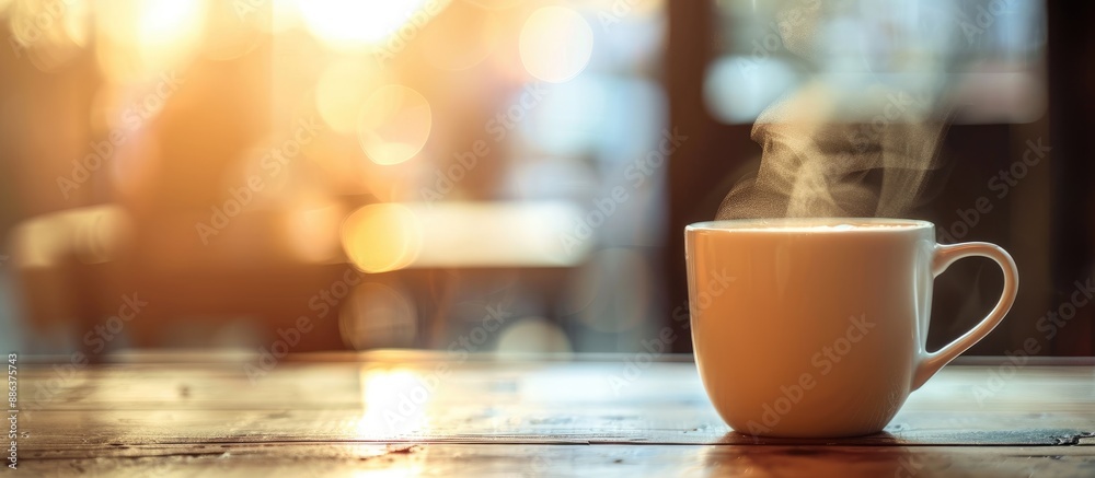Poster Capture a close up of a steaming cup of coffee with copy space image