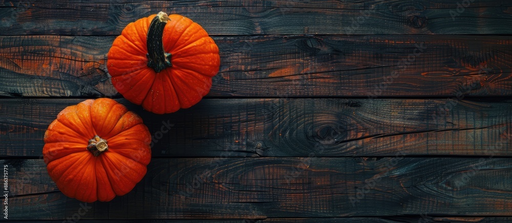 Poster copy space image featuring two pumpkins placed on a dark wooden surface symbolizing autumn harvest a