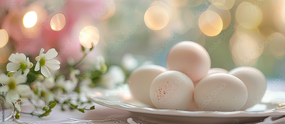 Aufkleber focused on a close up of delicate white chicken eggs on a festively set easter table with room for t