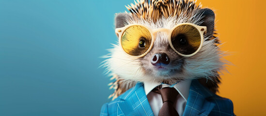Fototapeta premium A portrait of a cool and stylish hedgehog wearing sunglasses and a suit, with a simple background and copy text space. Suitable for business, fashion,...