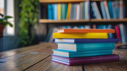 Stack of colorful books on a wooden table.
