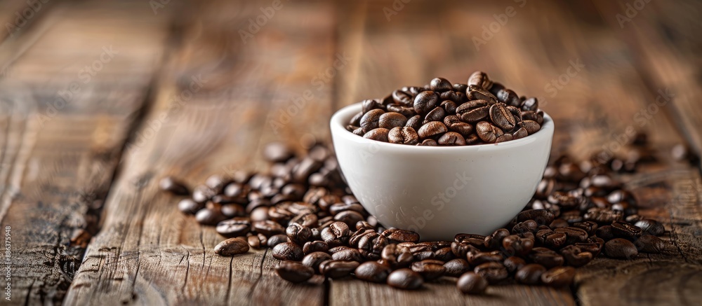 Aufkleber Selective focus on a cup of coffee beans against a wooden backdrop showing a cropped segment with ample copy space image