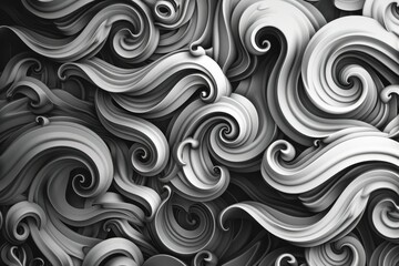 A black and white swirling pattern creates a mesmerizing design, Design an abstract pattern of swirling grey tones