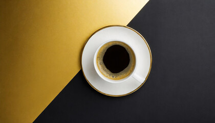 Cup of coffee on gold black background. Minimalistic flat lay. Top view.