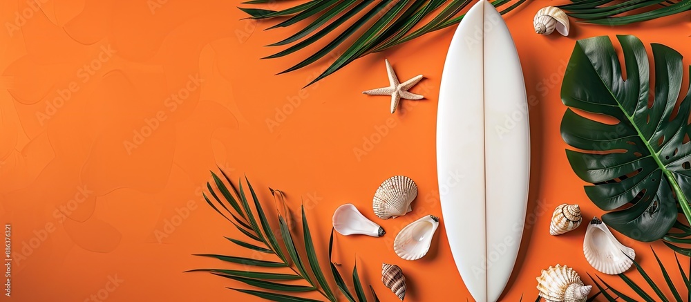 Poster summer concept featuring a surfboard palm leaves and seashells on an orange backdrop perfect for cop