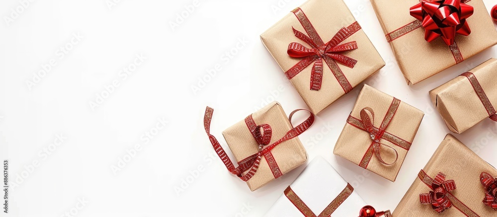 Aufkleber top view of christmas gift boxes on white background with copy space image