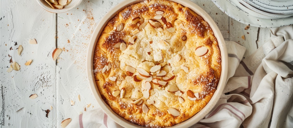 Aufkleber top view of a homemade cake topped with cottage cheese souffle and almond flakes set on a light rust