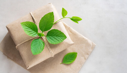 Eco, zero waste, plastic free and saving energy minimal concept from sprout with green leaves growing from recycled craft paper top view.