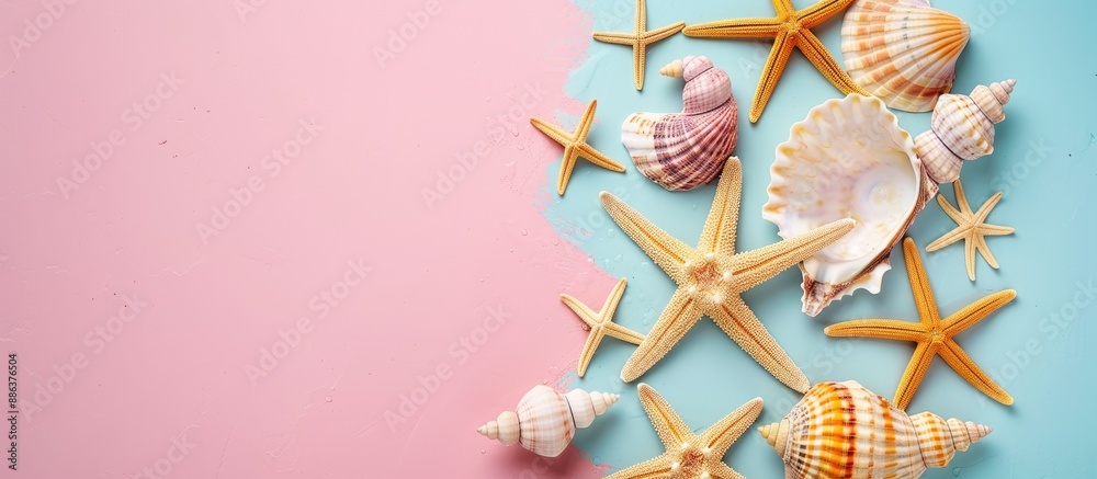 Aufkleber Top view flat lay composition featuring lovely starfish and seashells on a colorful table perfect for a summer time concept with copy space image for text