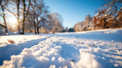 A snow-covered path is seen in a wintery landscape with sunlight shining through the trees, creating a bright and peaceful atmosphere typical of a cold winter day.