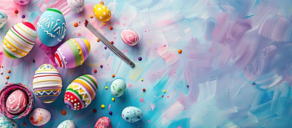 Poster coloring easter eggs with various vibrant hues on a table with an easter themed backdrop perfect for