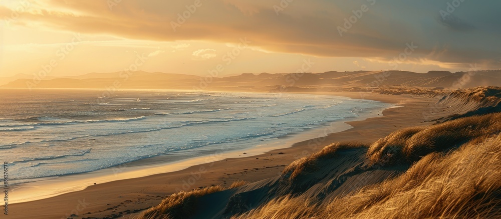 Poster coastline at sunset with a view of the ocean and a sandy beach with a copy space image