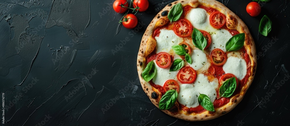 Poster Italian margherita pizza with mozzarella tomato and basil on a black backdrop from above with a designated copy space image