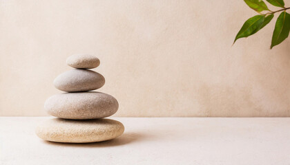 Spa, balance, meditation and zen minimal modern concept. Stack of stone pebbles against beige wall for design and presentation.