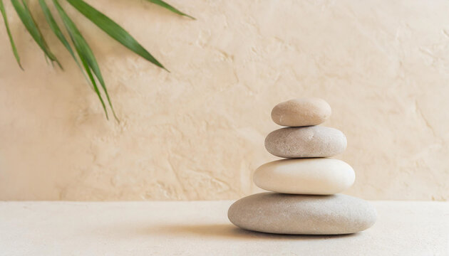 Spa, balance, meditation and zen minimal modern concept. Stack of stone pebbles against beige wall for design and presentation.