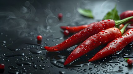 Red Chili Peppers With Water Drops Macro