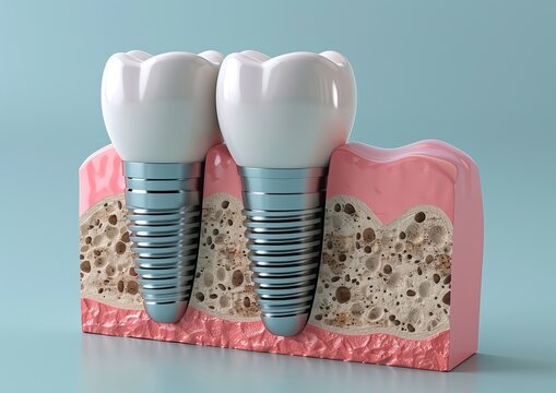 two dental implants with crowns in a cross-section of gum and bone.