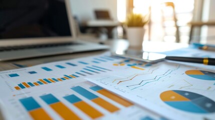 A close-up of a financial report with detailed business graphs and charts spread out on a desk.