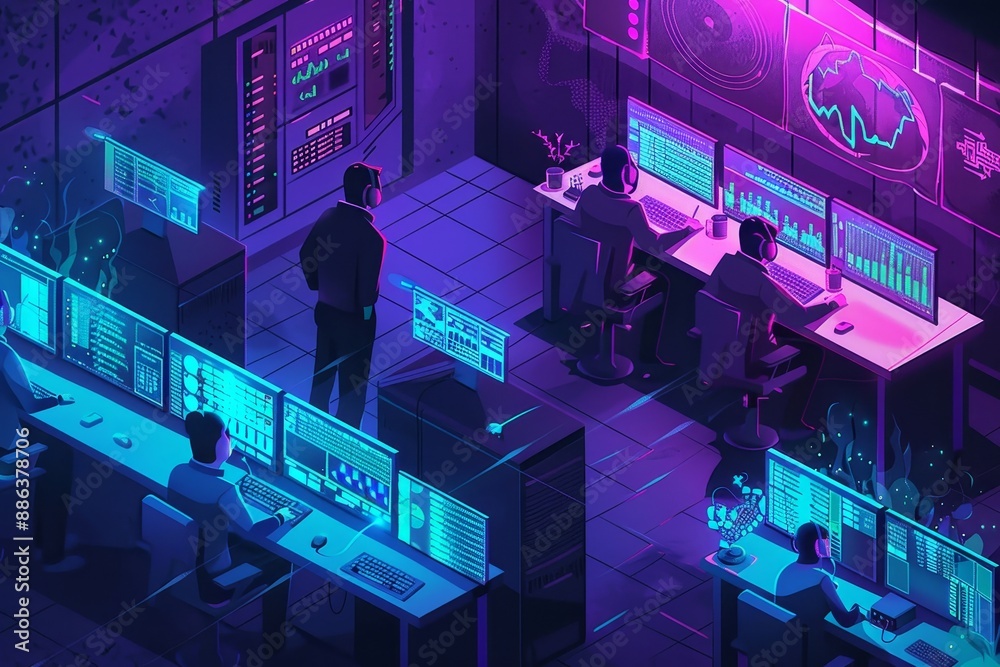 Poster group of people busily working on computers at a desk in a modern office setting, design an isometri