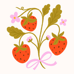 Flat vector illustration isolated on white background. Strawberry with a bow. Design for greeting card, poster, fabric.