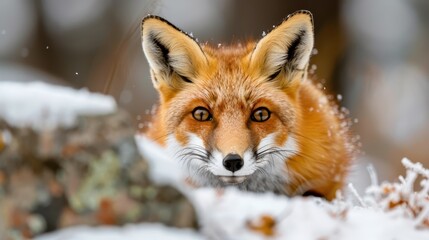 A red fox with striking orange fur peers from behind a snow-covered rock, set against a winter forest backdrop. The fox's eyes are wide open, creating an expression of curiosity and alertness.