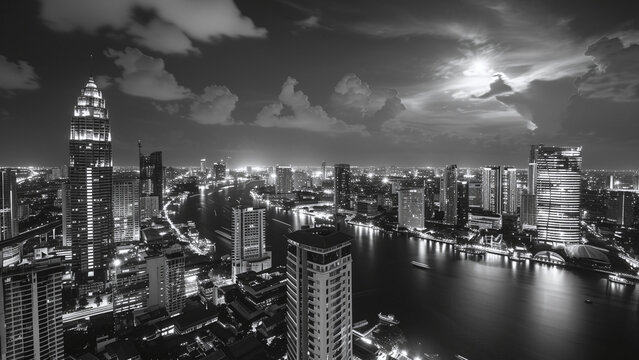 Fototapeta Bangkok city landscape black and white.