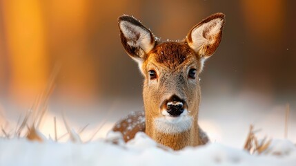 Obraz premium A young deer with expressive eyes looks directly into the camera, its fur dusted with snowflakes, set against the serene backdrop of a snowy field at twilight.