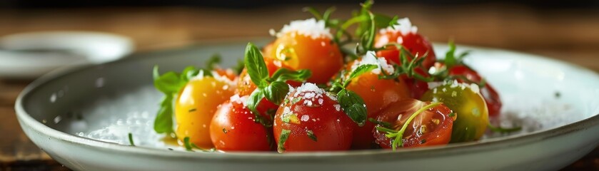 Fresh and Colorful Cherry Tomato Salad with Herbs and Sea Salt on a Plate