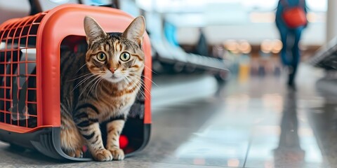 Traveling with a Cat Transporting in a Carrier Cage at the Airport. Concept Traveling with Pets, Pet Carriers, Airport Transportation, Cat Care, Pet Travel Safety