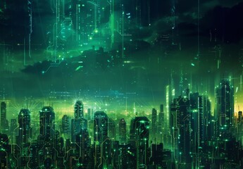 Futuristic Smart Cyber City illustration: Innovative Urban Landscape in Digital Circuitry, futuristic technology concept, Graphic Resources, Wallpapers, Brochure, Websites, banner design, Advertising,