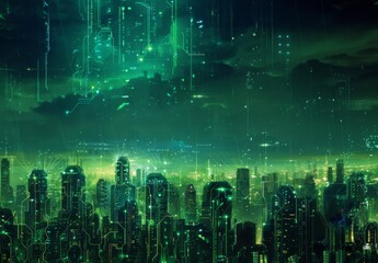 Futuristic Smart Cyber City illustration: Innovative Urban Landscape in Digital Circuitry, futuristic technology concept, Graphic Resources, Wallpapers, Brochure, Websites, banner design, Advertising,