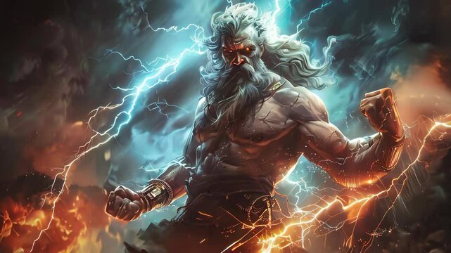 Zeus, the Greek god of thunder, surrounded by lightnings