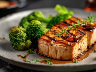 Grilled Tofu with Broccoli and Fresh Herbs on a Plate - Healthy Vegan Meal