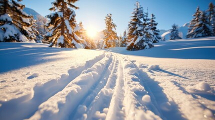 Obraz premium Clear ski tracks running through a snow-covered landscape with tall pine trees and mountains in the background, bathed in sunlight, creating a perfect winter sport scene.