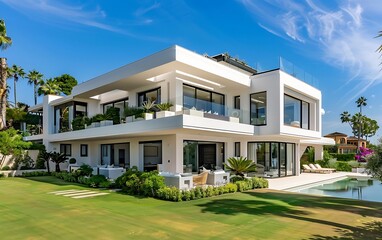 Modern office building exterior with glass facade and blue sky.