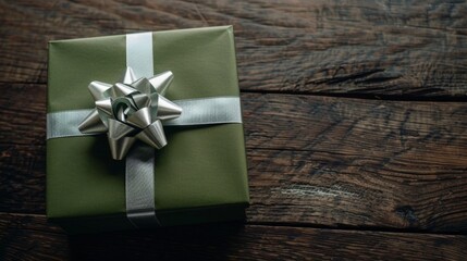 Green Gift Box With Silver Bow on Wooden Surface