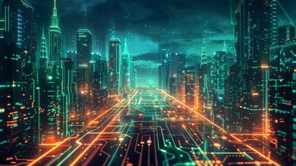Futuristic Smart Cyber City illustration: Innovative Urban Landscape in Digital Circuitry, futuristic technology concept, Graphic Resources, Wallpapers, Brochure, Websites, banner design, Advertising,