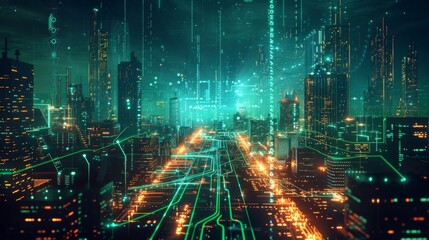 Obraz premium Futuristic Smart Cyber City illustration: Innovative Urban Landscape in Digital Circuitry, futuristic technology concept, Graphic Resources, Wallpapers, Brochure, Websites, banner design, Advertising,