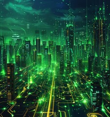Fototapeta premium Futuristic Smart Cyber City illustration: Innovative Urban Landscape in Digital Circuitry, futuristic technology concept, Graphic Resources, Wallpapers, Brochure, Websites, banner design, Advertising,