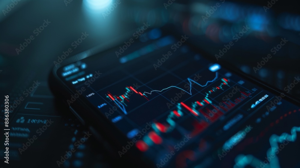 Aufkleber a close-up of a smartphone screen displaying a live stock market graph with fluctuating prices.