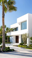 Modern office building exterior with glass facade and blue sky.