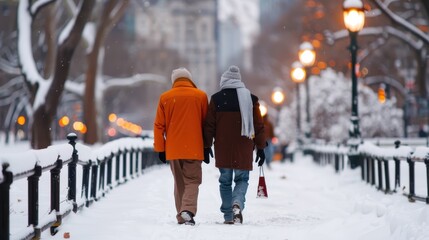 A couple walks through a snow-covered park with glowing streetlights in the background, surrounded by trees and a peaceful atmosphere, embodying winter tranquility and romance.