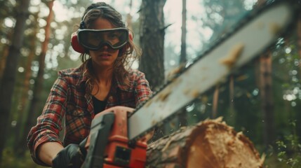 A woman in safety gear operates a chainsaw, cutting a log in a wooded area