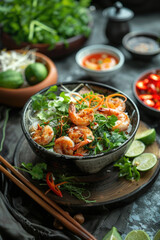 vertical banner, Vietnam Independence Day, national Vietnamese dishes, Asian cuisine, street food, green salad with shrimp
