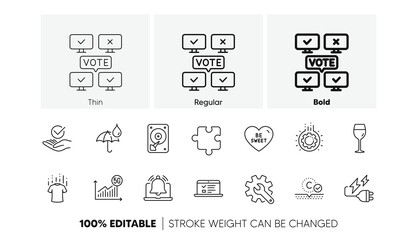 Collagen skin, Gear and Puzzle line icons. Pack of Electricity plug, Dry t-shirt, 5g statistics icon. Hdd, Wine glass, Waterproof umbrella pictogram. Customisation, Web lectures, Online voting. Vector