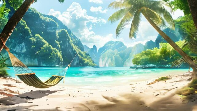 A hammock between two palm trees on the beach