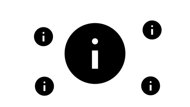 Zoom in and out animation the info symbol. Large black symbol in the center and four small symbols around. Seamless looped 4k animation on white background