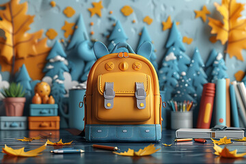 Background with red school bag, apple and autumn leaves