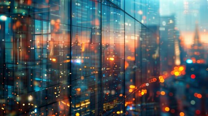 Fototapeta premium Cityscape Reflected in Glass Windows at Dusk